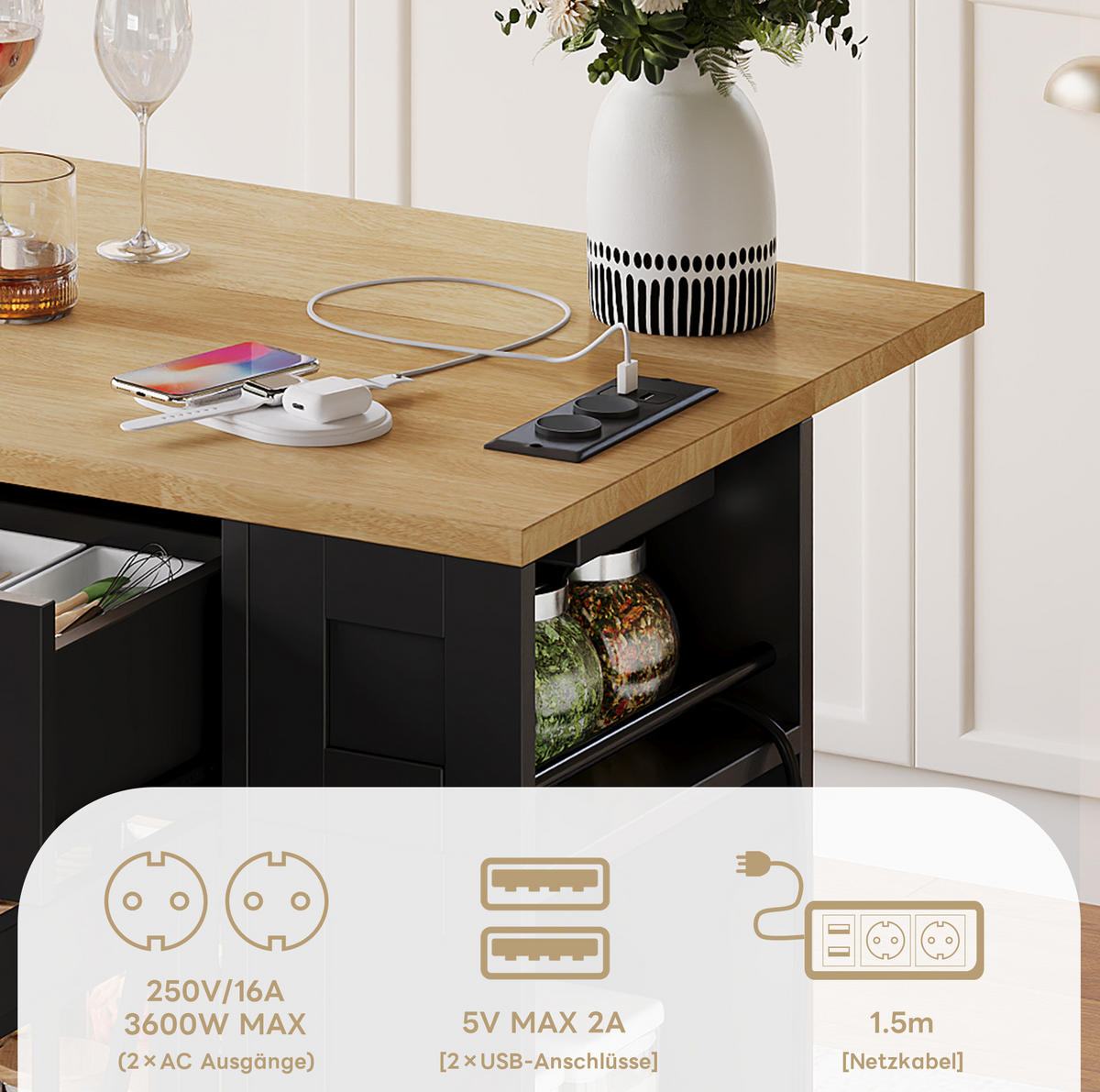 KÜCHENINSEL mit Klapptisch 120 x 40/65 x 92 cm MDF Black/Natural - Schwarz, Holz (65/92/120cm) - Beauniv