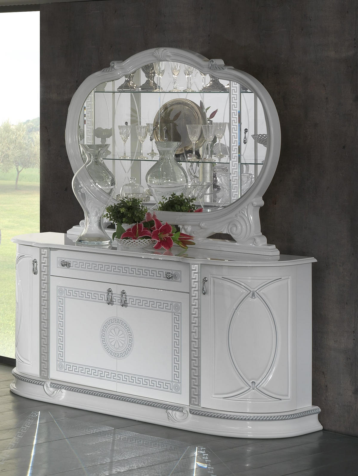SIDEBOARD VENUS in Weiß/Silber 4-Türig - Weiß Hochglanz/Silberfarben, Holzwerkstoff/Metall (163/77/45cm) - Interdesign24
