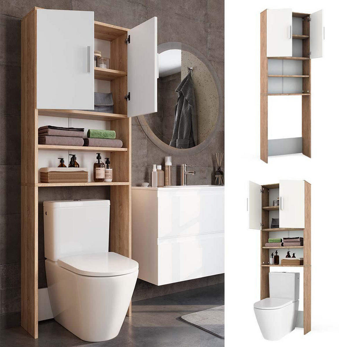 TOILETTENSCHRANK Sonoma/Weiß 64 x 190 cm mit 2 Türen - Weiß/Sonoma Eiche, Holzwerkstoff (64/190/26cm) - Vicco
