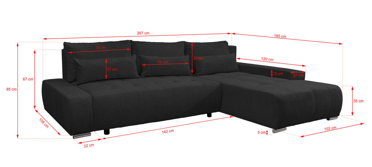 ECKSOFA Bloom mit Bettkasten und Schlaffunktion L-Form - Dunkelgrau, Textil (267/185cm)