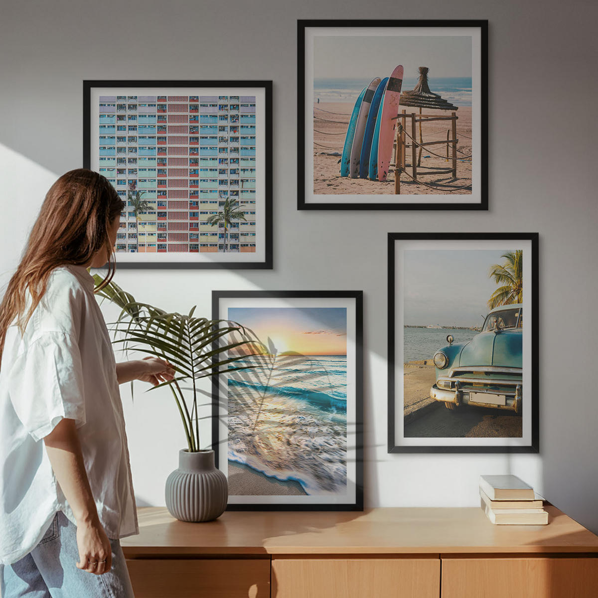 BILDER SET 4er Set - 50x50 cm & 40x60 cm Schwarzer Rahmen - Sonnenuntergang in Miami - Schwarz, Kunststoff (50/50cm) - TULUP