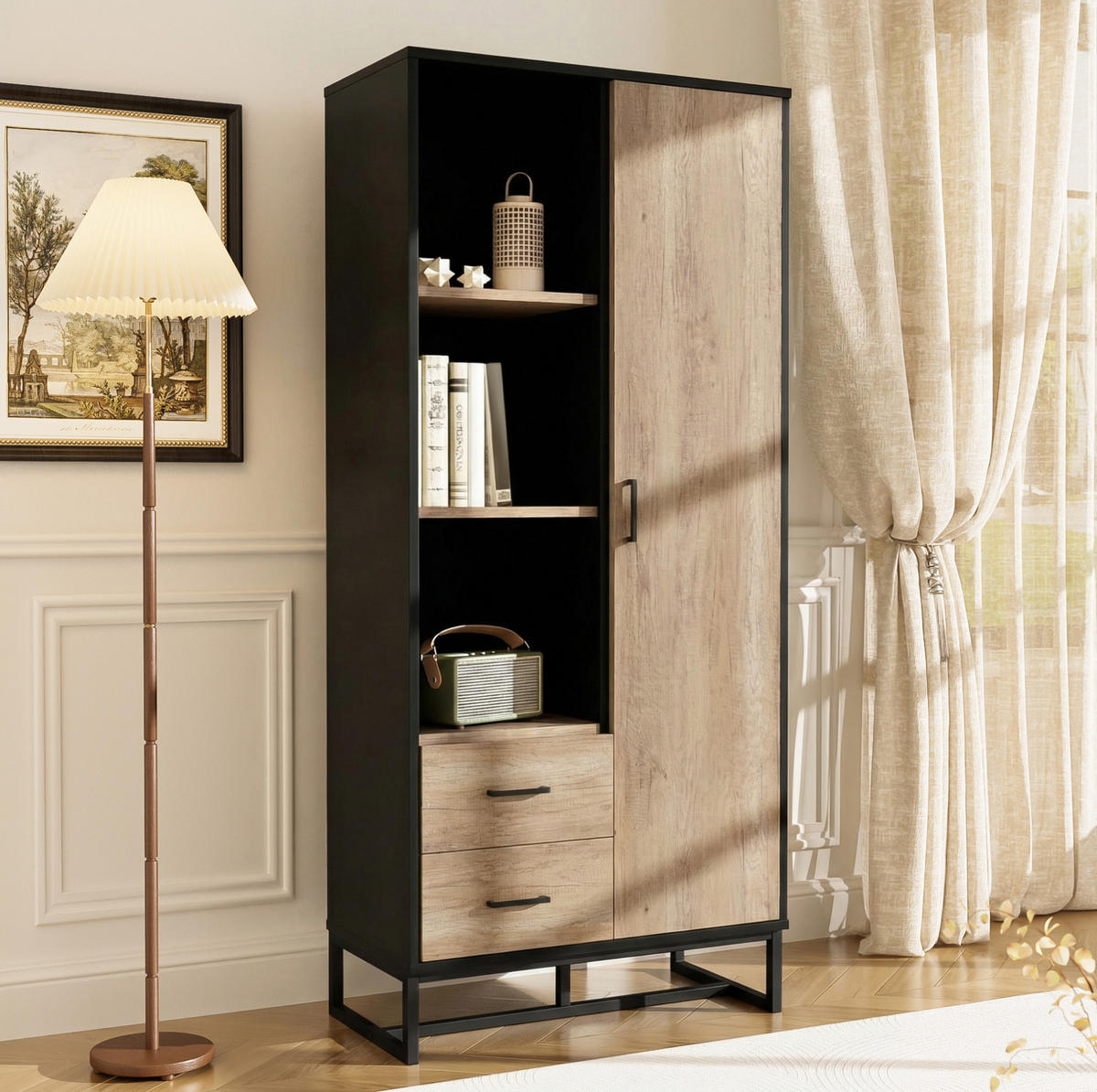 HIGHBOARD 80/180/40 cm Schwarz/Holzfarbe aus MDF mit 2 Schubladen - Schwarz, Holzwerkstoff (40/180/80cm) - OKMYHOME