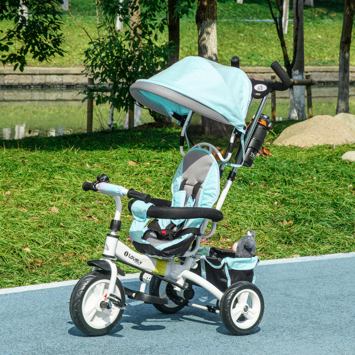 6-IN-1 Dreirad mit Schubstange, Kinderdreirad mit abnehmbarem Sonnendach Grün - Grün, Metall (95/50/106cm) - HOMCOM