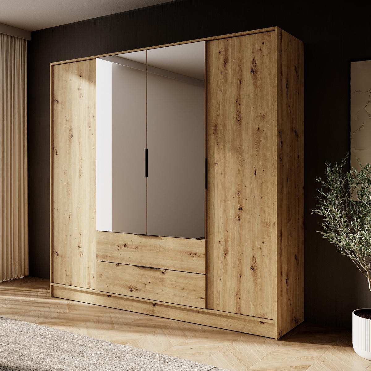 GROSSER Kleiderschrank RICADI 4DL (Artisan Eiche, Spiegel, 4 Türen, 2 Schubladen, Kleiderstange, Kunststoffgriffe) - Schwarz/Eiche Artisan, Holz/Holzwerkstoff (206/200/51cm) - Ravio