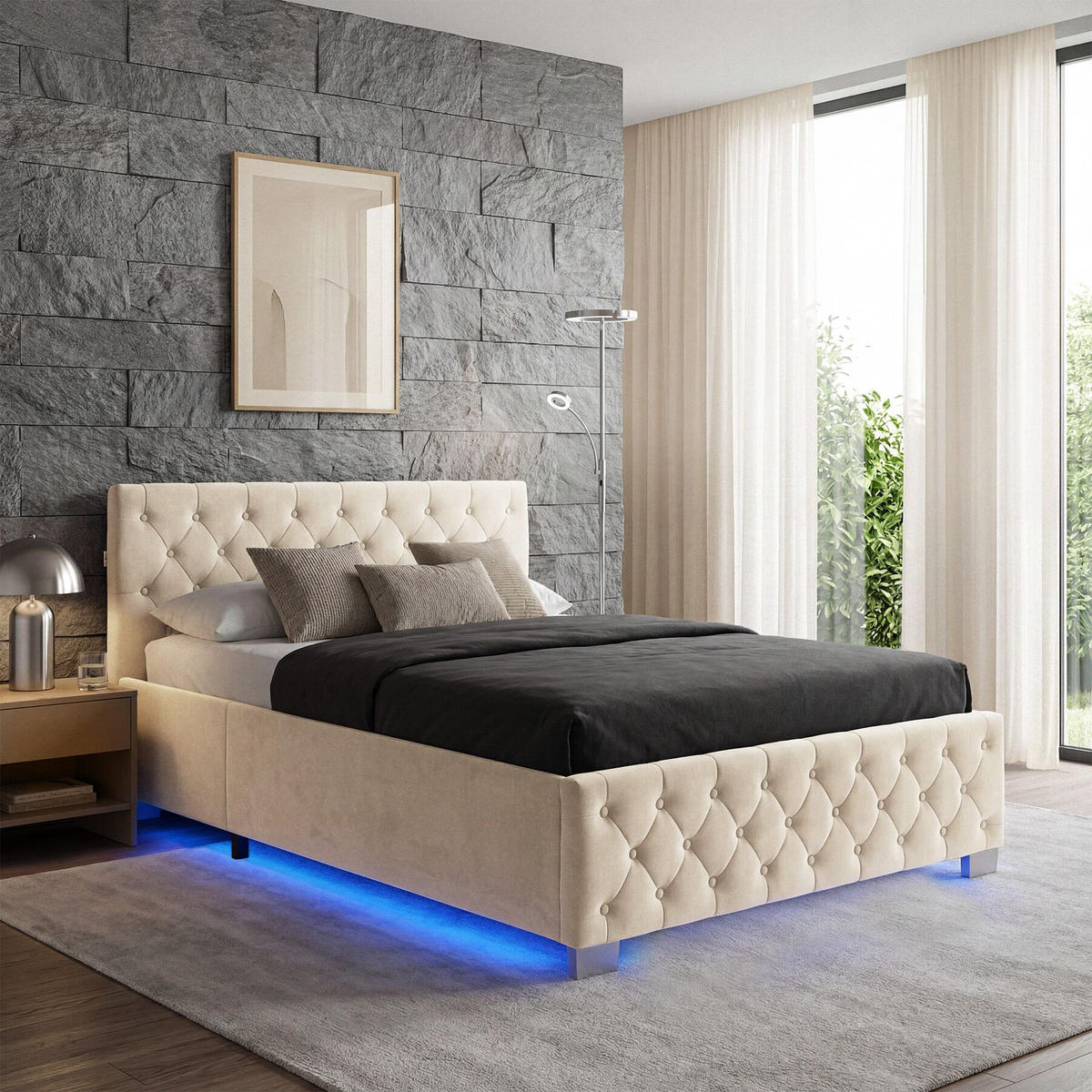 POLSTERBETT Sedona, großer Stauraum, Samtoptik sand - Gelb/Samtahornfarben, Holz (120/200cm) - tectake