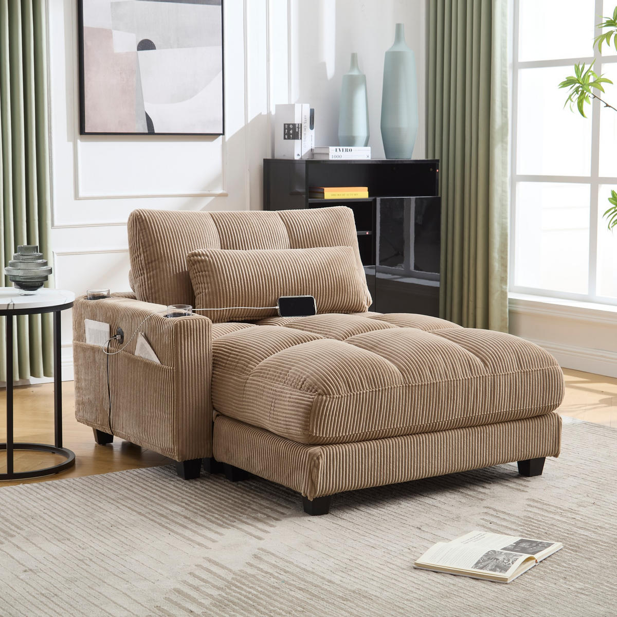 CHAISELONGUE Polsterliege,Ottomane,Sofa,Cordstoff,Khaki - Hellbraun, Textil (112/81/140cm) - LVHOM