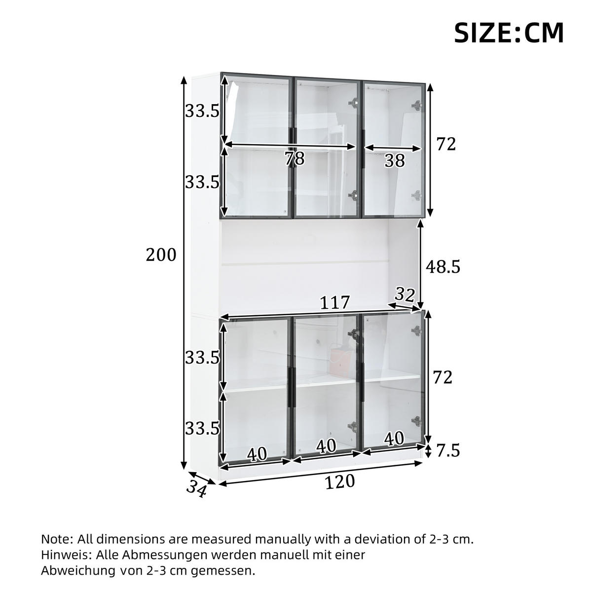 VITRINE 120/34/200 cm weiß aus MDF und Glas mit LED und 6 Türen - Weiß, Holzwerkstoff (120/200/34cm) - OKWISH
