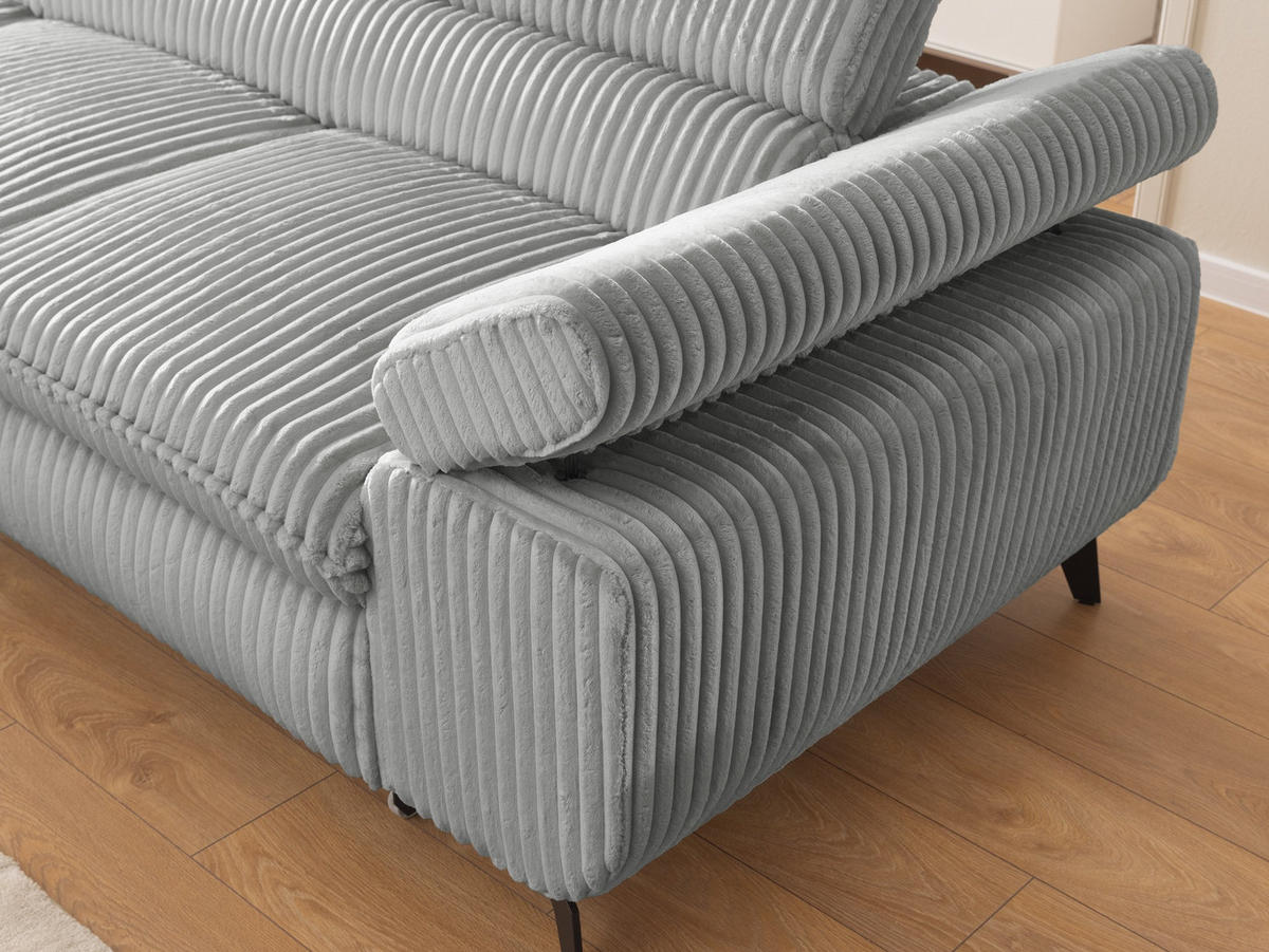 ECKSOFA mit Schlaffunktion und Bettkasten Bonnie aus Hellgrau Cord-Stoff mit verstellbaren Kopfstützen und Armlehne - Ottomane links - Hellgrau/Schwarz, Holz/Textil (275/210cm) - S-Style Möbel