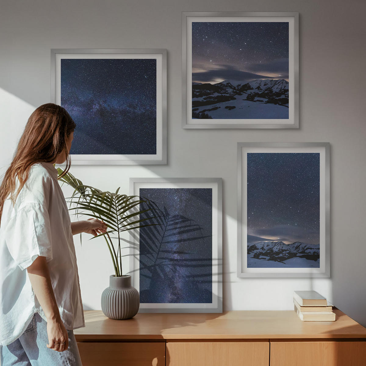 BILDER SET 4er Set - 50x50 cm & 40x60 cm Silberner Rahmen - Nachthimmel, Berge, Sterne - Silberfarben, Kunststoff (50/50cm) - TULUP