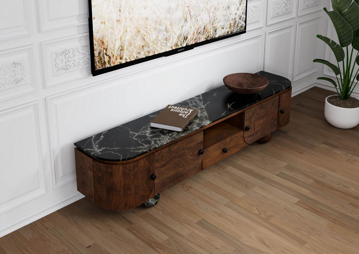 TV-BOARD Mango 200x40x50 dunkelbraun lackiert / Marmor schwarz FLORENZ #201 - Dunkelbraun, Holz (200/50/40cm) - Massivmoebel24