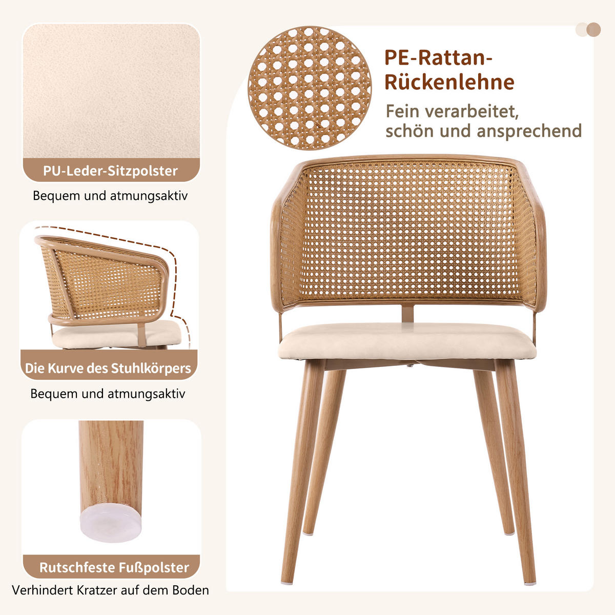 ESSZIMMERSTUHL 2-Tlg Rattan Rückenlehne, PU Leder Sitz, Beige - Braun, Metall (47/79/51cm) - FLIEKS