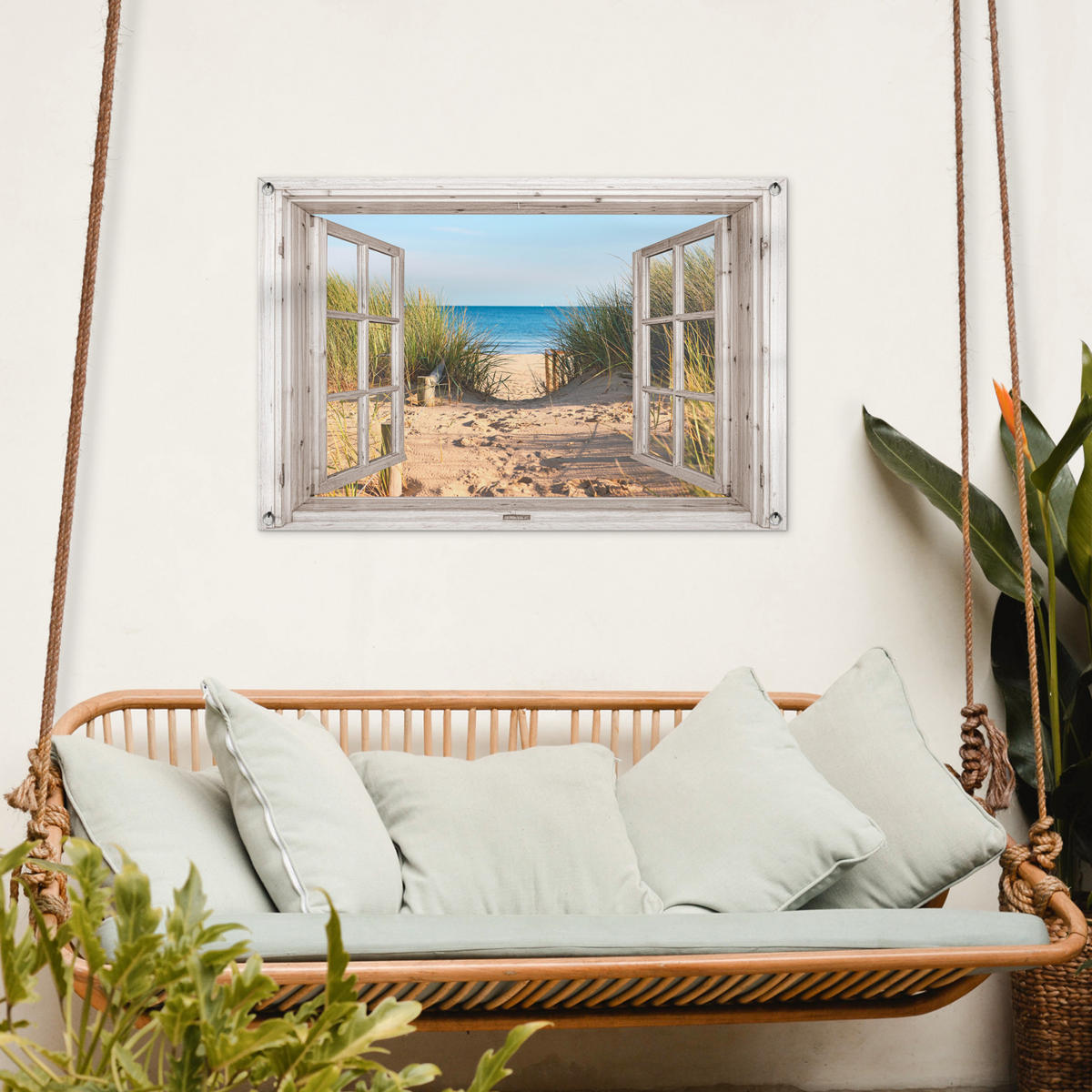 ZAHRADNÍ PLAKÁT Průhled - Pláž - Moře - Duny - Písek - Voda - Vysoká tráva 90x60 cm - písková barva, plast (90/60/0.2cm) - OnlyWow