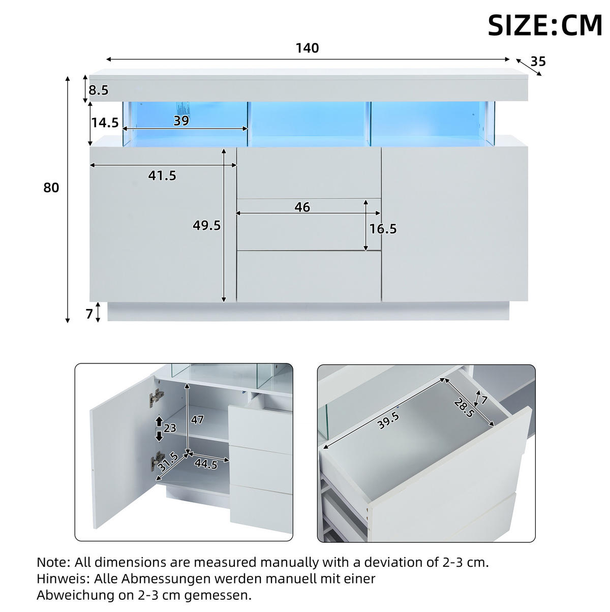 SIDEBOARD 140/35/80 cm weiß aus Spanplatte mit Acryl und LED - Weiß, Holzwerkstoff (140/80/35cm) - OKWISH