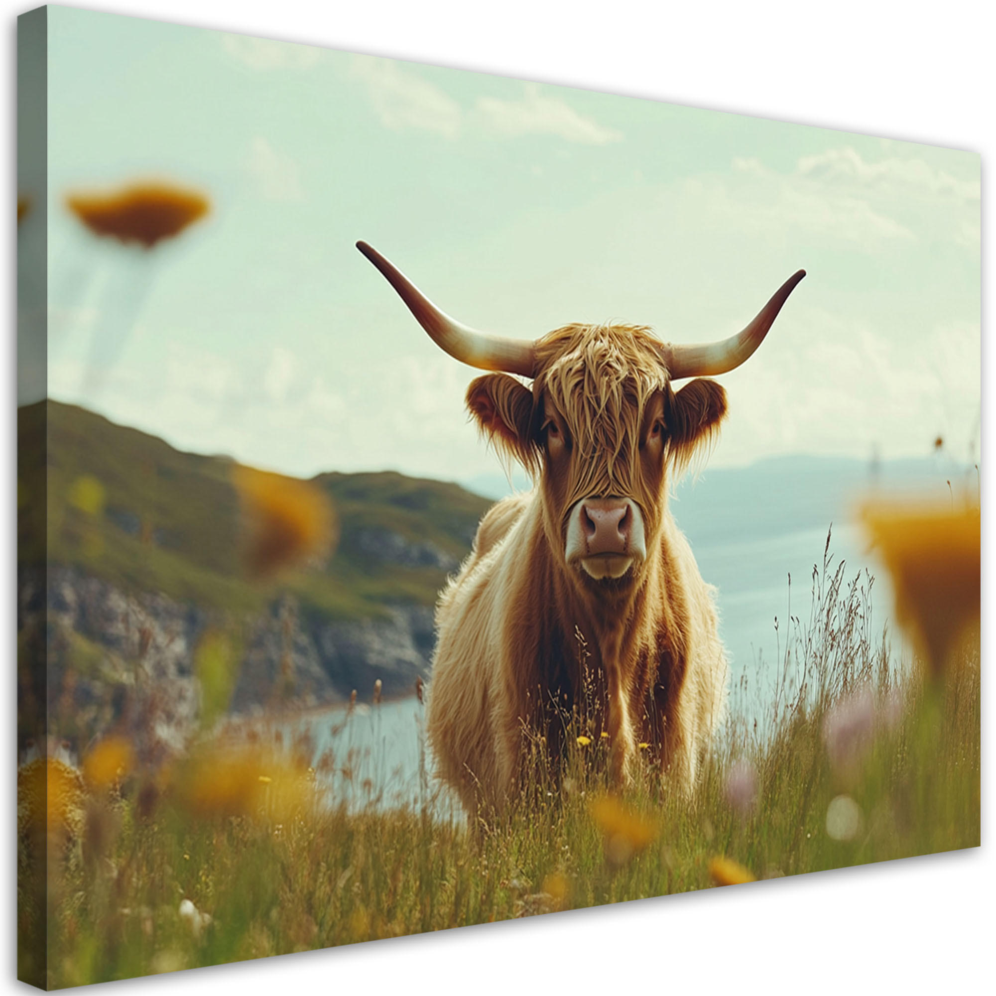 WANDBILD schottische kuh auf der wiese - Grün, Textil (60/40cm) - Feeby