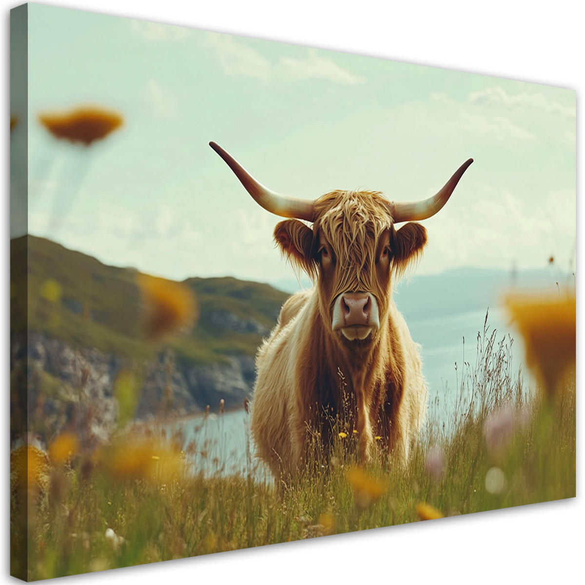 WANDBILD schottische kuh auf der wiese - Grün, Textil (60/40cm) - Feeby