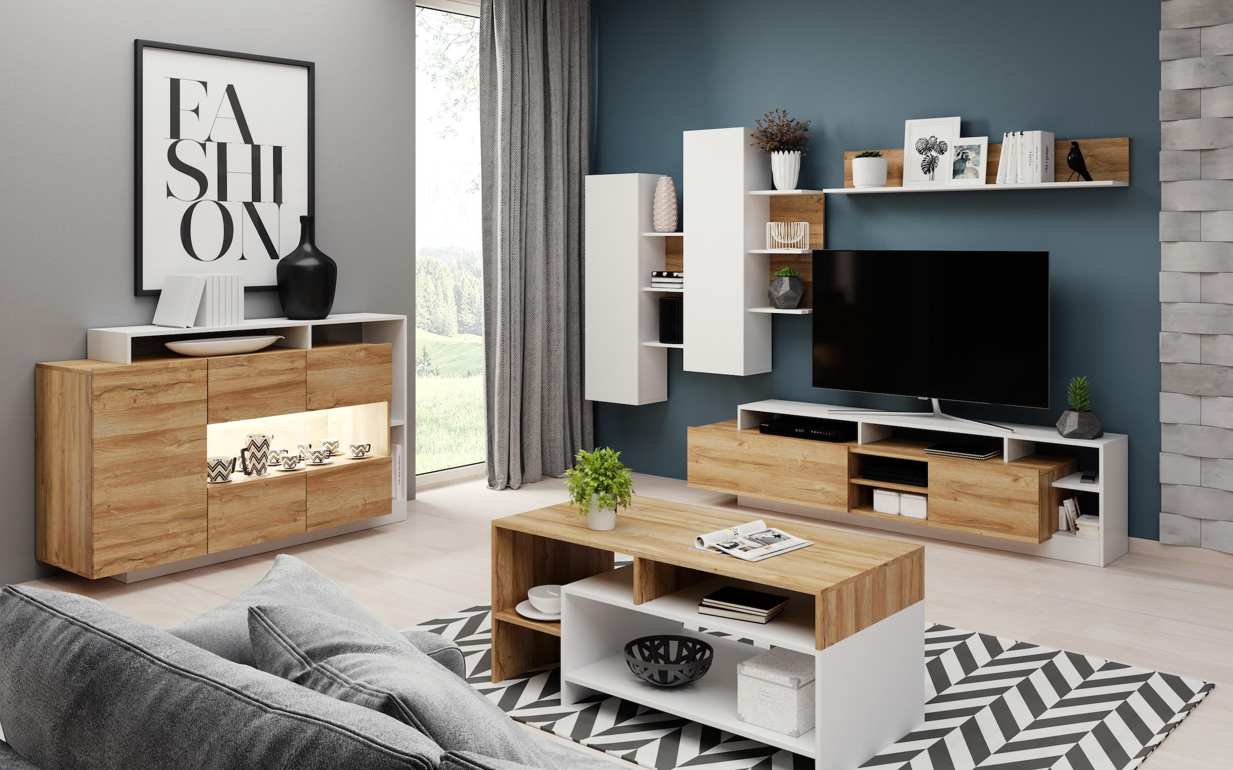 WOHNZIMMER-SET Alva Grand Eiche / weiß 6-teilig - Eichefarben/Braun, Holz/Holzwerkstoff (345/120/44cm) - Feldmann-Wohnen