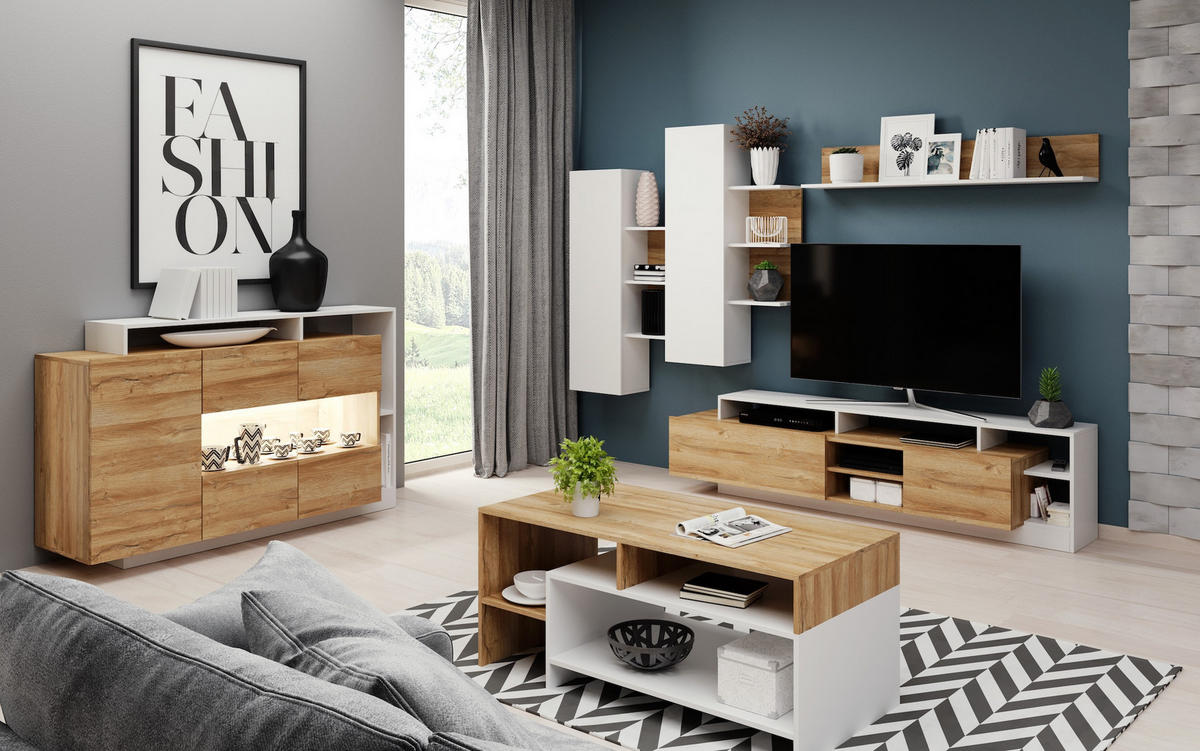 KOMMODE Alva Grand Eiche / weiß 155 cm / 44 cm / 93,5 cm - Eichefarben/Braun, Holz/Holzwerkstoff (155/94/44cm) - Feldmann-Wohnen