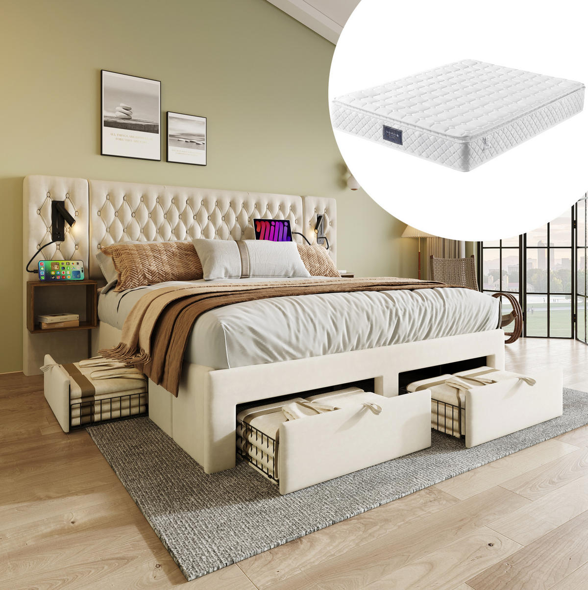 BETTANLAGE mit 2 Nachttischen 160x200 cm Samt Beige - Beige, Metall (160/200cm) - Meubliv