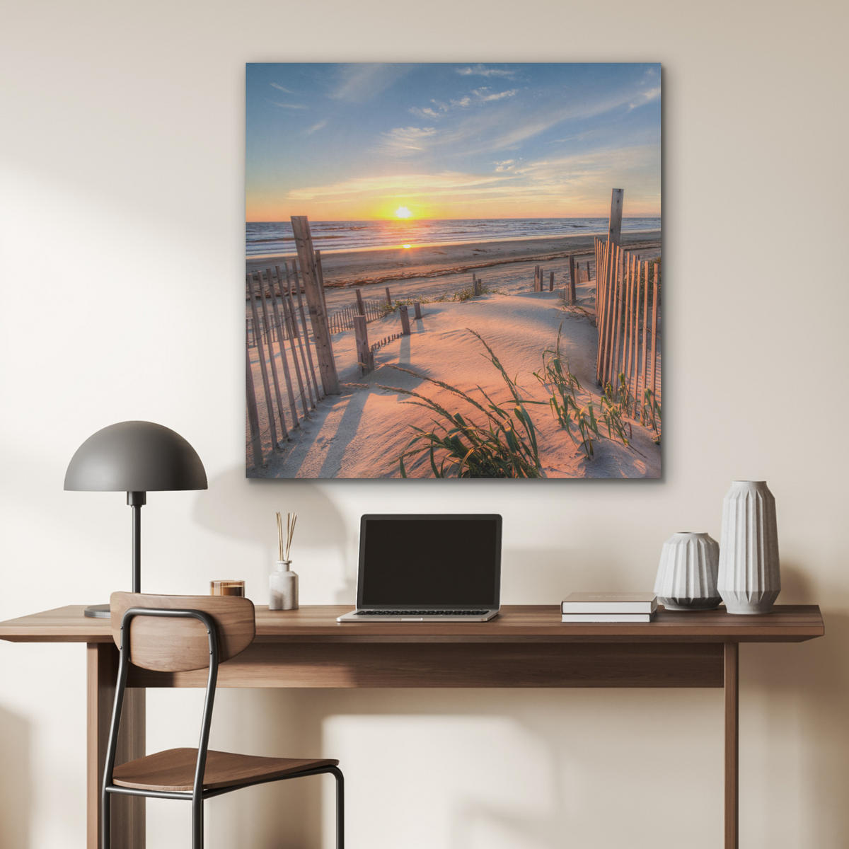 AKUSTIKPANEEL Strand - Meer - Düne - Sonnenuntergang - Landschaft 90x90 cm - Beige, Textil (90/0.9/90cm) - MuchoWow
