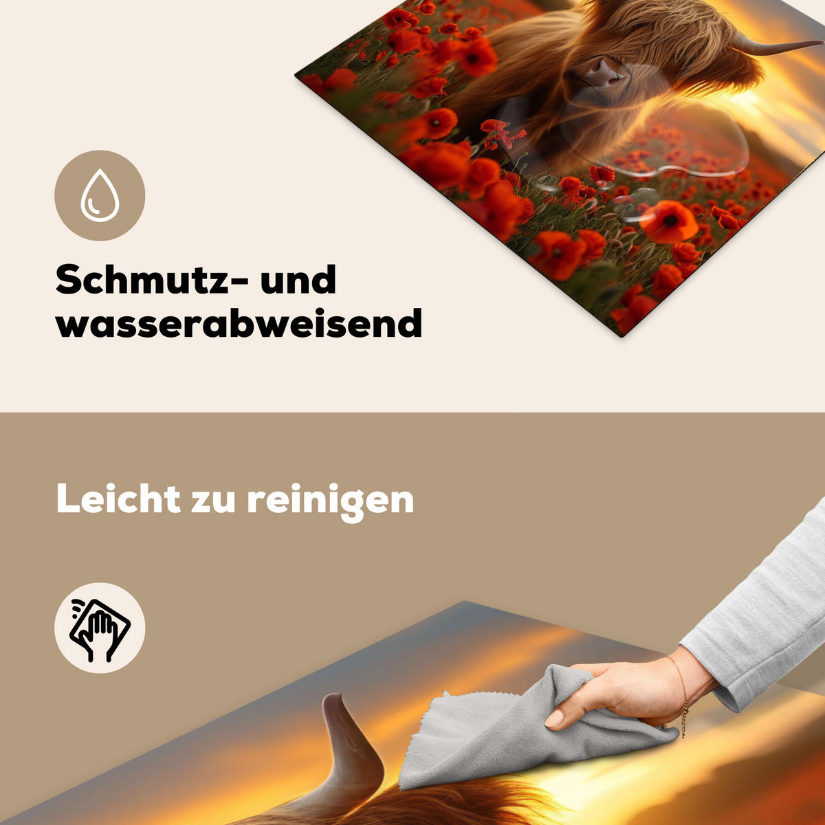HERDABDECKPLATTE Schottische Highlander - Rosen - Blumenfeld - Sonnenuntergang Herdabdeckung Induktionsfeld 60x52 cm - Rotbraun, Kunststoff (60/52/0.2cm) - MuchoWow