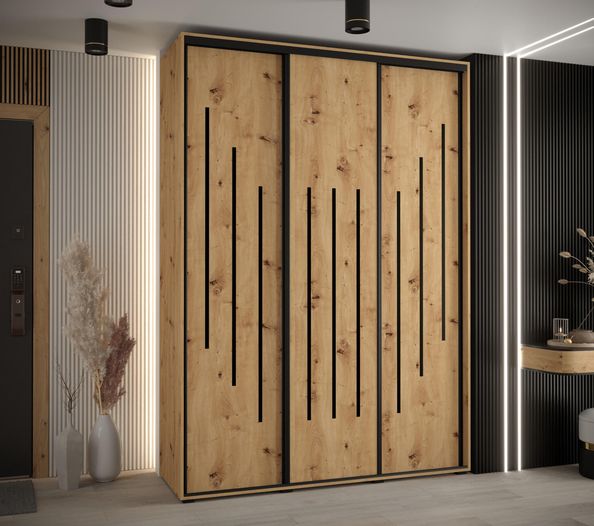 SCHWEBETÜRENSCHRANK 235,2/180/45 3-türig - Schwarz/Eiche Artisan, Holz/Metall (180/235/45cm) - Abiks Möbel