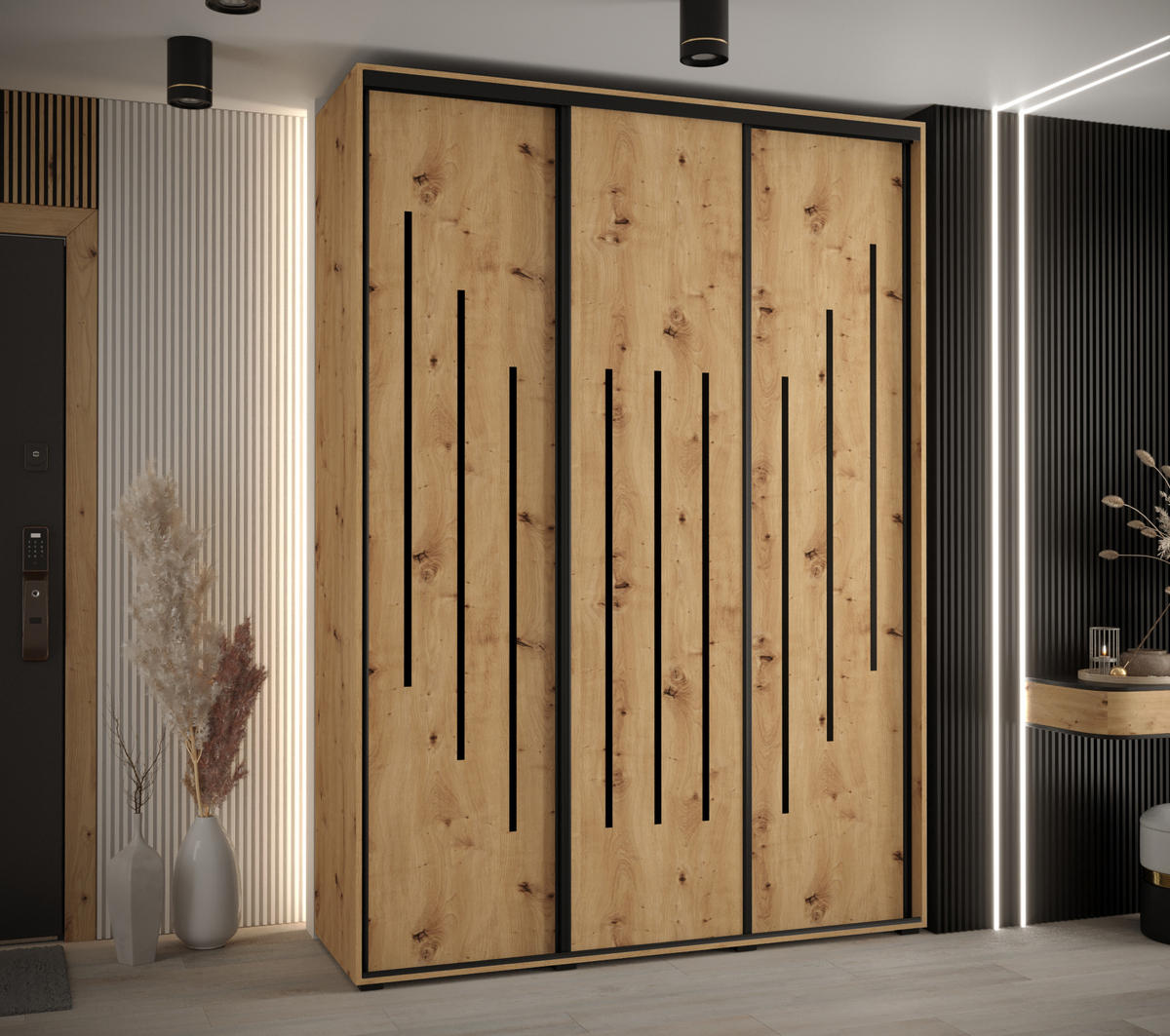 SCHWEBETÜRENSCHRANK 235,2/180/45 3-türig - Schwarz/Eiche Artisan, Holz/Metall (180/235/45cm) - Abiks Möbel