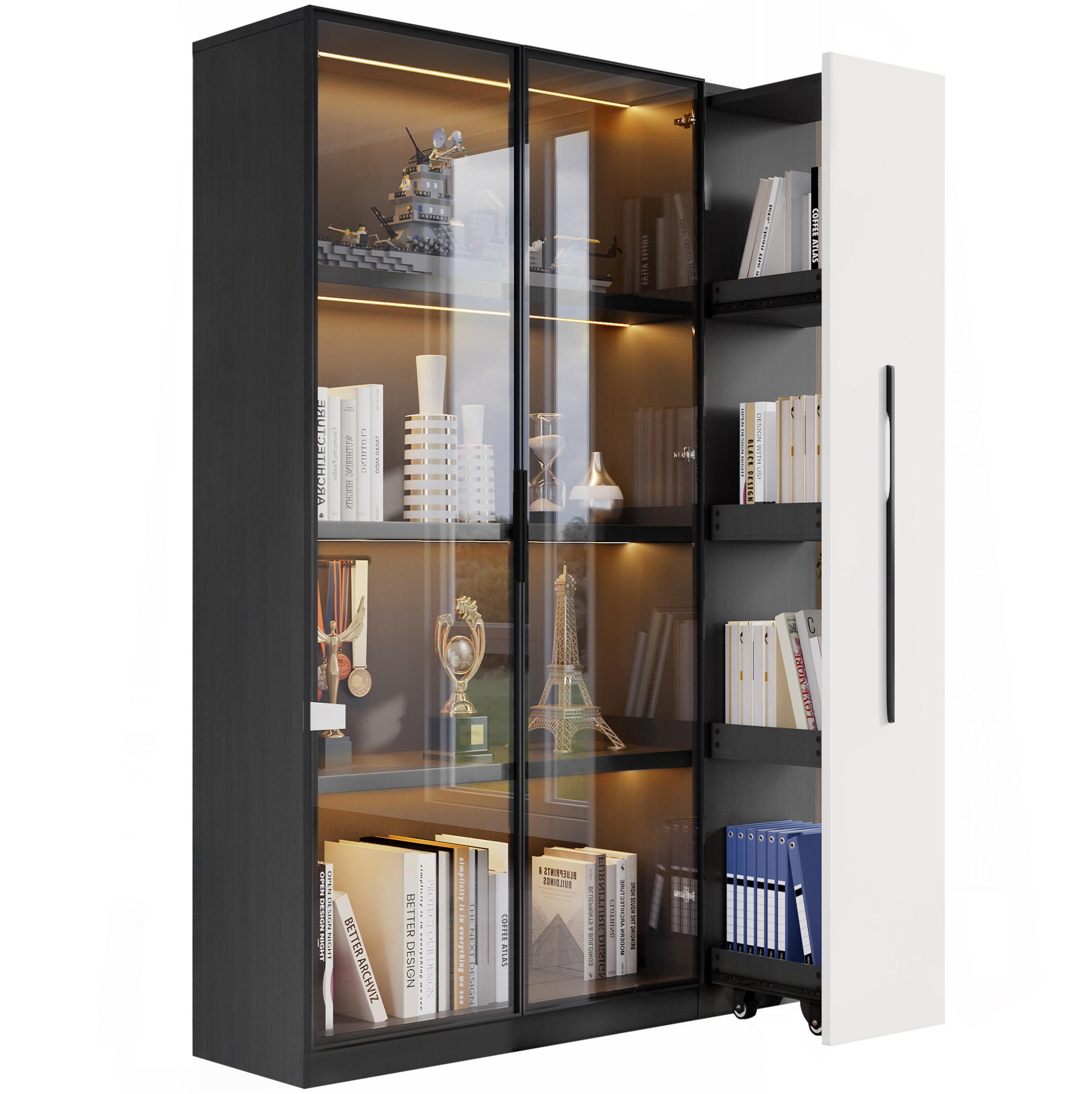 VITRINE 110,5/35/160 cm in Schwarz/Weiß mit LED-Beleuchtung und Seitenauszug - Schwarz, Holzwerkstoff (110.5/160/35cm) - Flora Grace