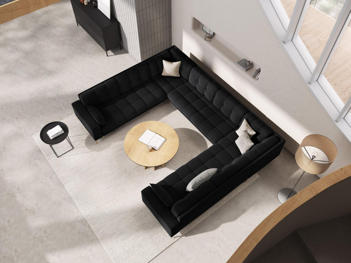 PANORAMASOFA Mamaia aus Samt schwarz 6 Sitzplätze - Schwarz, Textil (185/75/383cm) - Micadoni