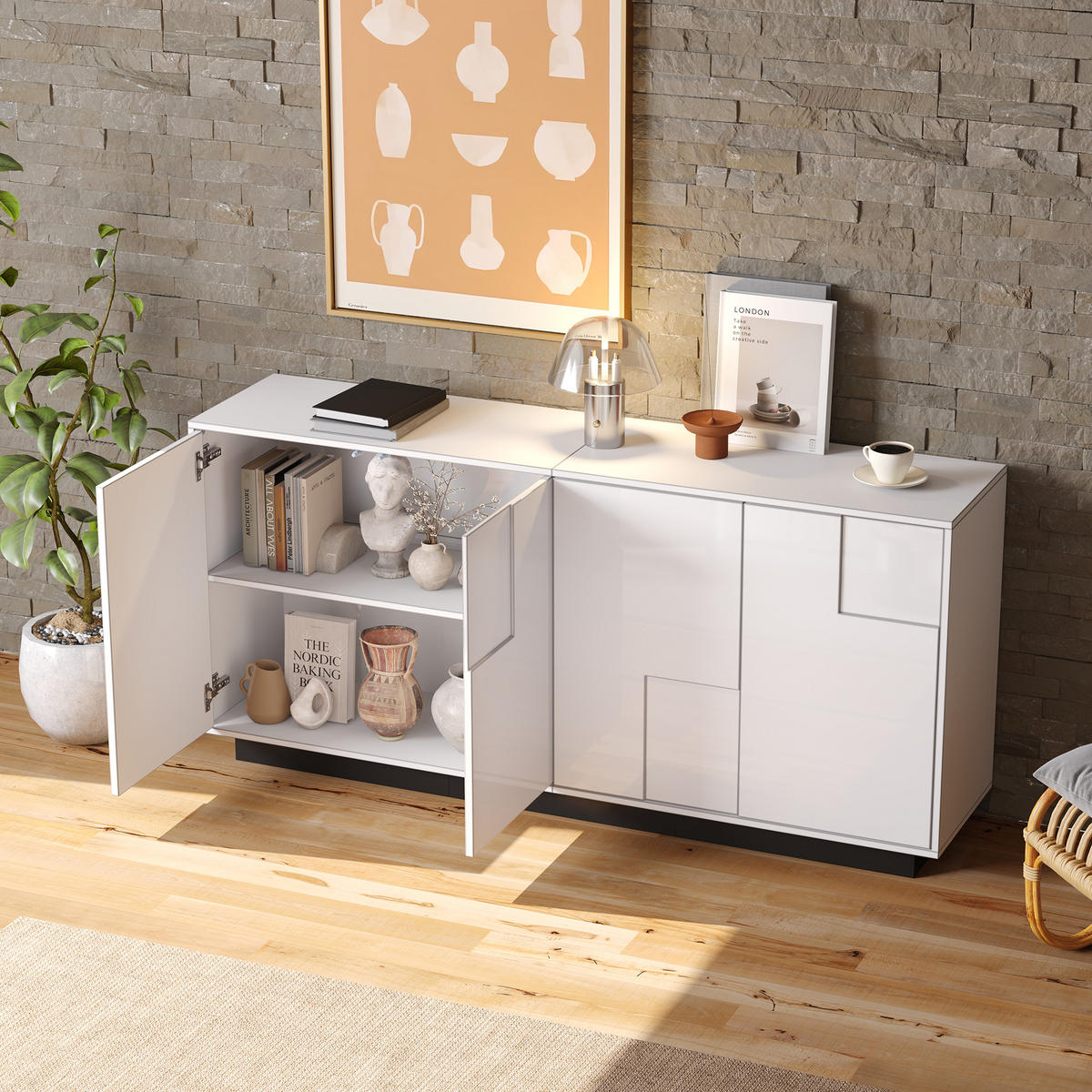 SIDEBOARD 160cm Hochglanz 4 Türen Weiß Schwarz modern Stauraum - Weiß, Holzwerkstoff (37/75.5/160cm) - FLIEKS