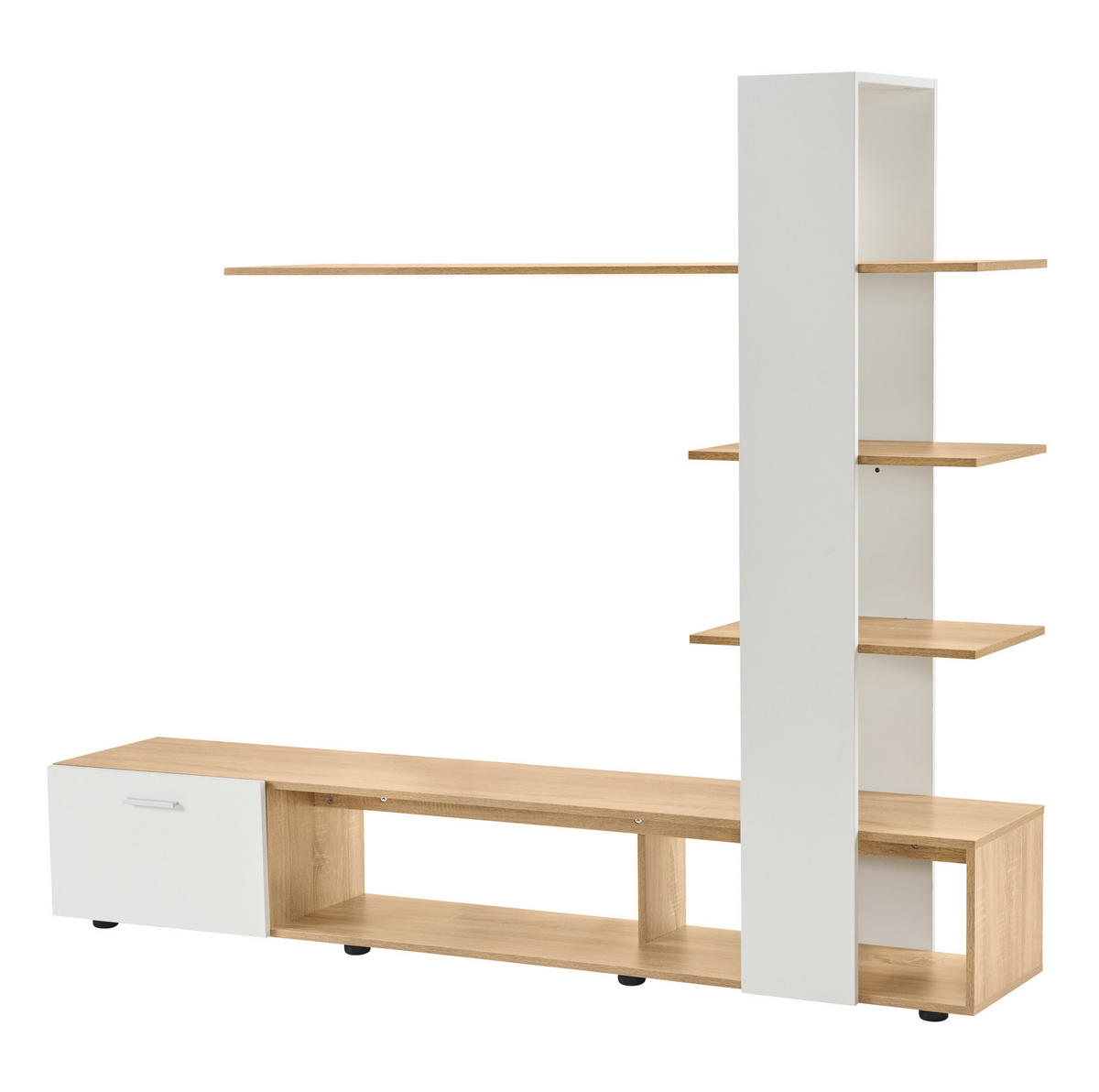 TV-WOHNWAND aus Spanplatte 180x33,5x151,5 cm Weiß/Holzfarben mit Stauraum für Fernseher bis 60 Zoll - Weiß, Holzwerkstoff (180/151.5/33.5cm) - IVMEU