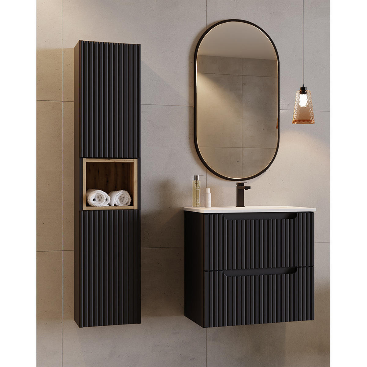 BADMÖBEL-SET 3-TLG. Newport-56 - Schwarz, Holzwerkstoff (120/200/40cm) - Lomado