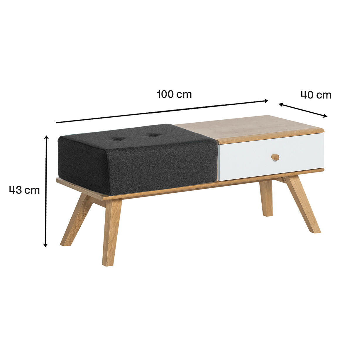 BANK mit Schublade und Kissen - L100 cm - Weiß, Holzwerkstoff (40/43/100cm) - Calicosy