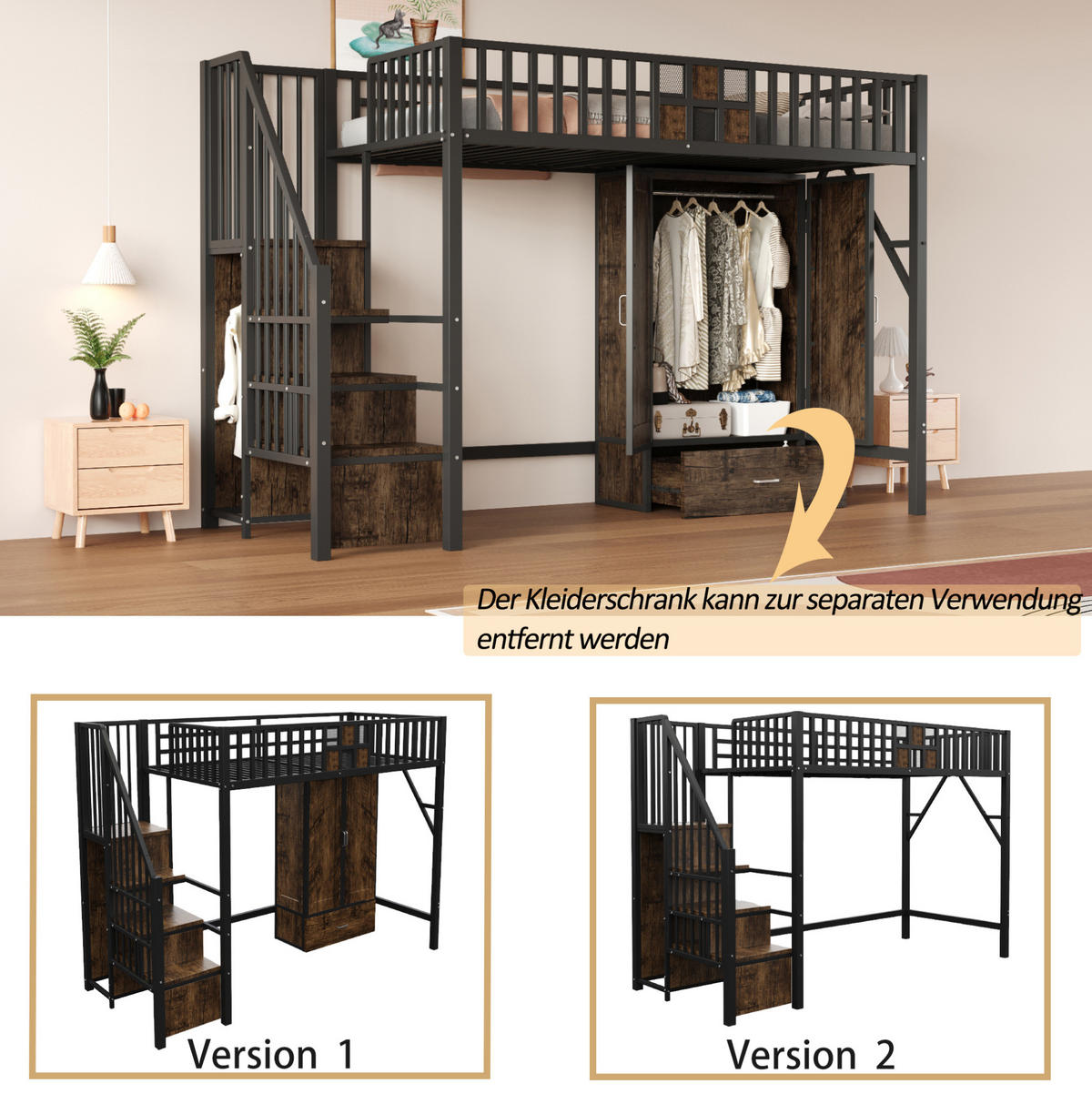 HOCHBETT 90/200 cm aus Metall und Holz mit Kleiderschrank und Stauraumleiter - Schwarz, Metall (90/200cm) - Flora Grace