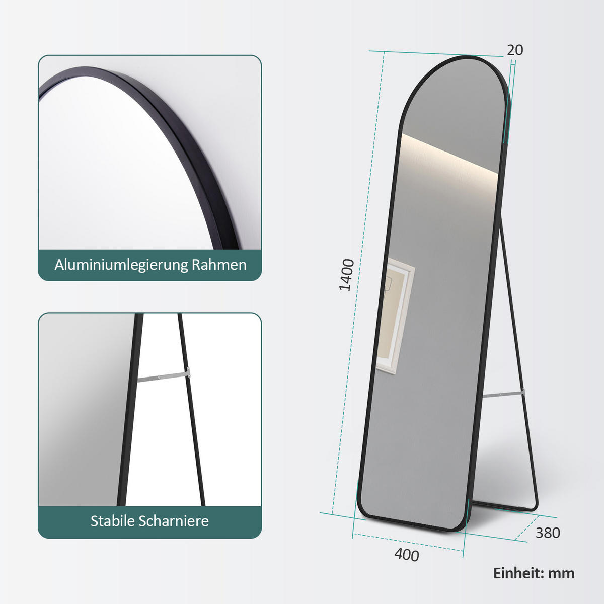 STANDSPIEGEL mit Rahmen Gehärteter Silberspiegel Schwarz 140/40 cm - Schwarz, Glas/Metall (40/147/140cm) - EMKE