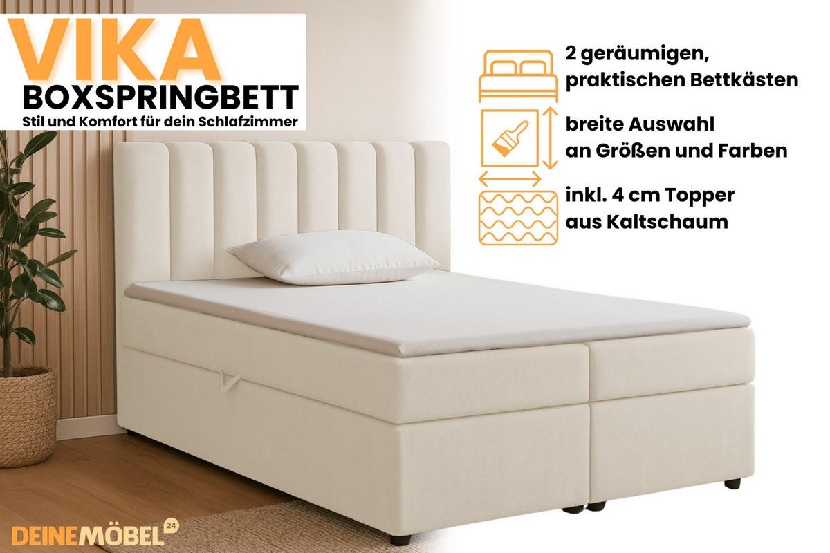 BOXBETT VIKA 120/200 in Velours Creme H4 - Creme, Holz/Holzwerkstoff (120/200cm) - Deine Möbel 24