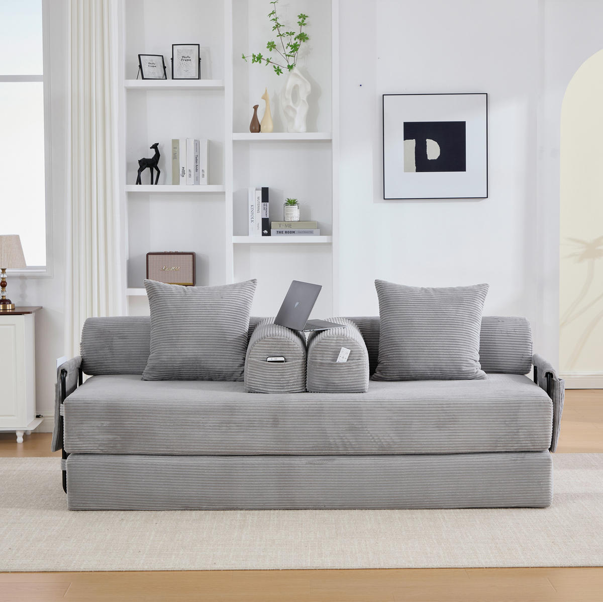 SOFA 200/94/67 cm aus Cord mit Metallgestell und 3 Kissen Hellgrau - Hellgrau, Textil (94/67/200cm) - Modenvie