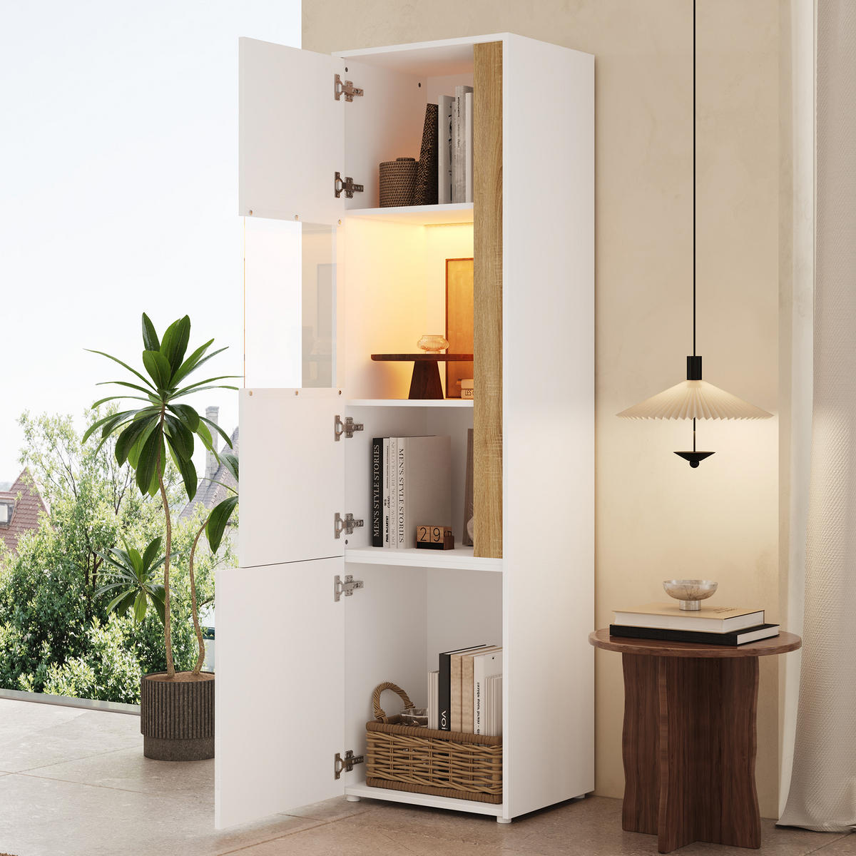 VITRINE LED Acryl Tür 2 Türen Weiß Natur 179cm - Multicolor, Holzwerkstoff (50/179/40cm) - FLIEKS