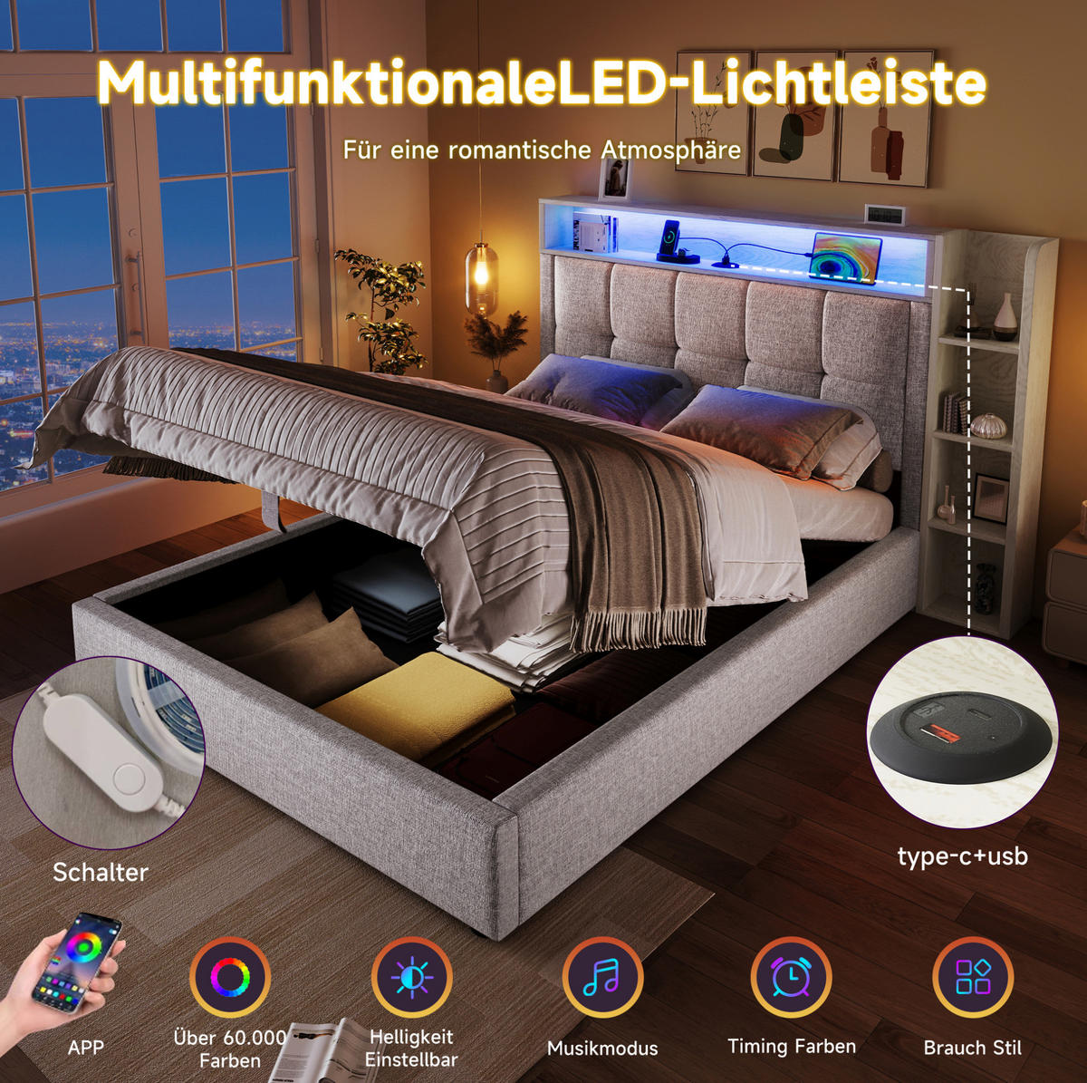 ČALÚNENÁ posteľ z MDF a ľanu 90x200 cm béžová s USB-C, LED osvetlením a úložným priestorom - béžová, textil (90/200cm) - Modfu