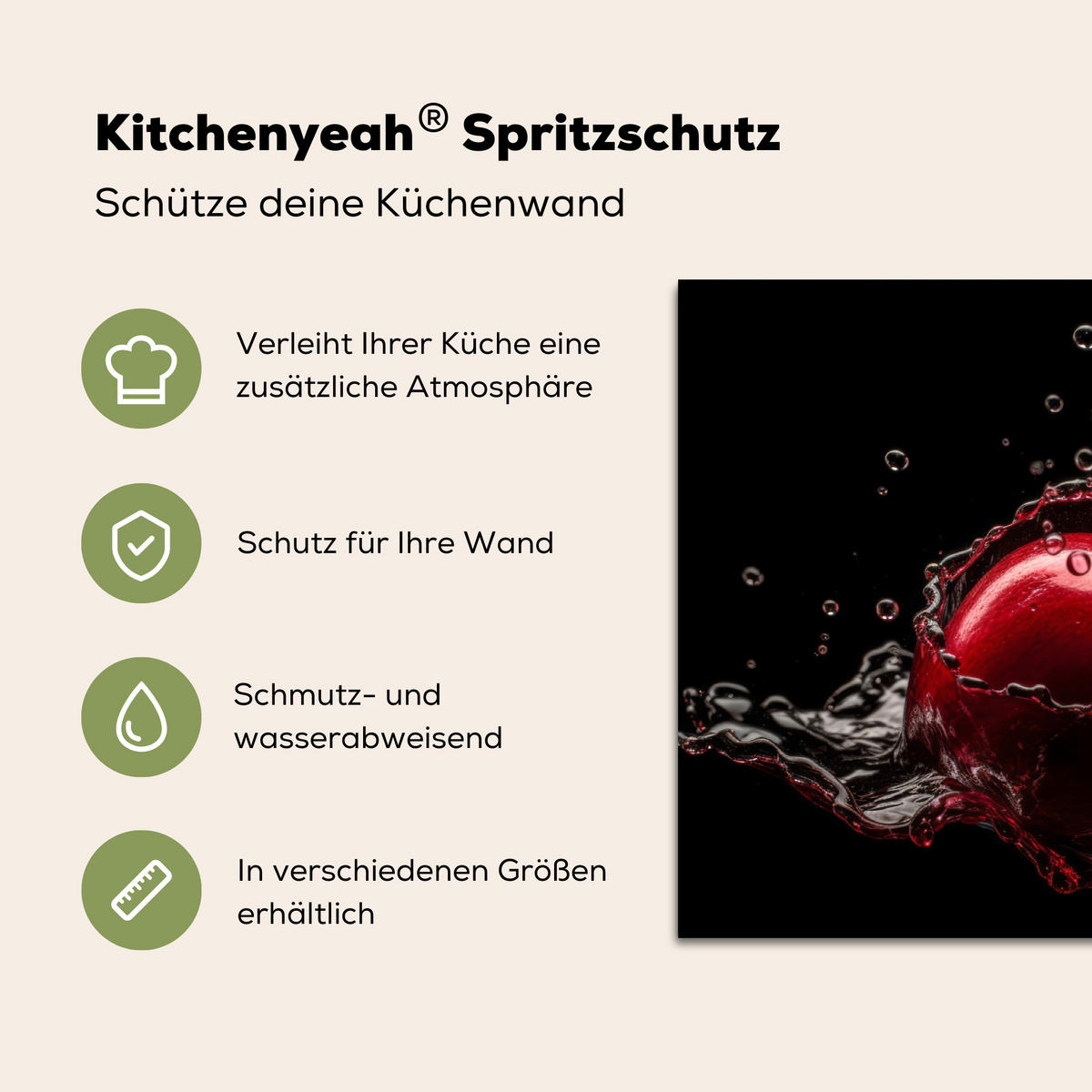 SPRITZSCHUTZ KÜCHE Kirsche - Rot - Frucht - Wasser - Schwarz 90x60 cm - Kirschrot, Metall (90/0.3/60cm) - MuchoWow