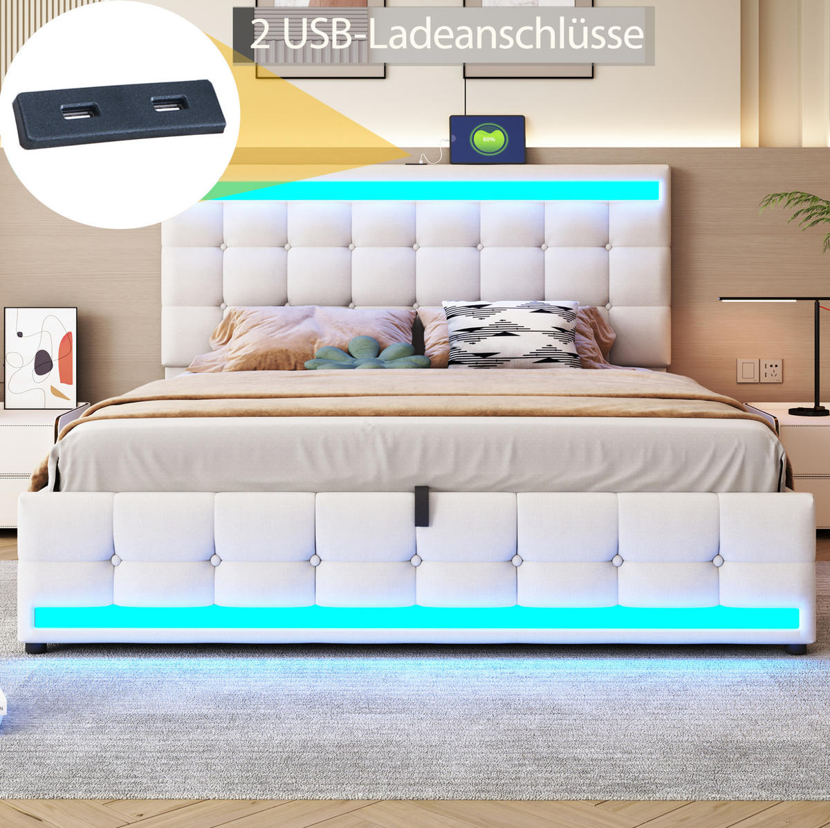 ČALÚNENÁ posteľ 180/200 cm s RGB LED osvetlením, USB portami a nastaviteľným čelom, Béžová - béžová, textil (180/200cm) - Redom
