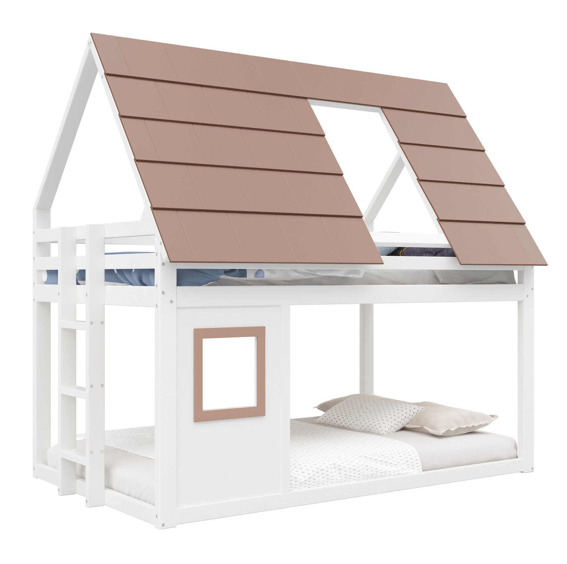 ETAGENBETT 140/200 cm weiß/braun aus Holz mit Dach und Leiter - Weiß, Holzwerkstoff (140/200cm) - OKWISH