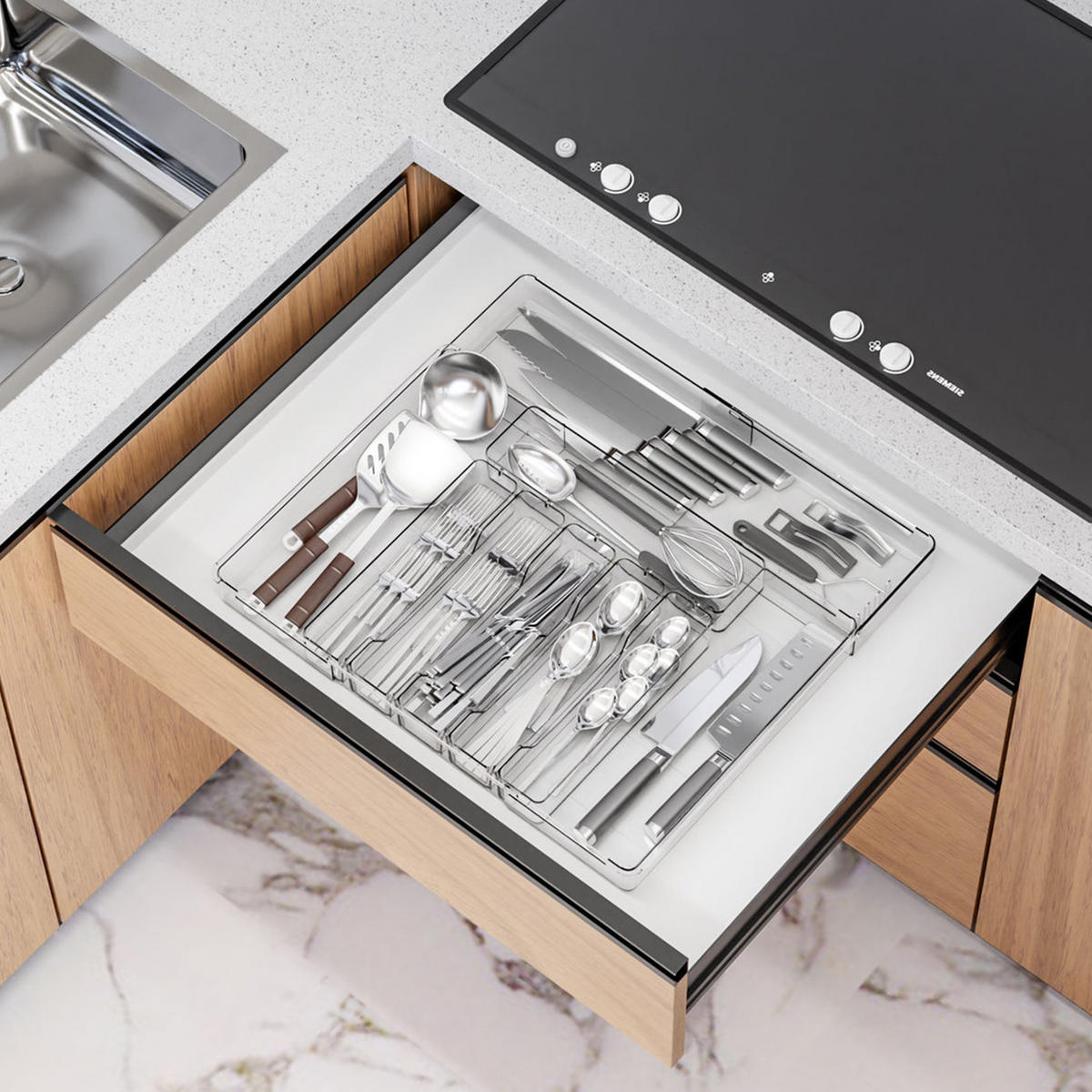 KÜCHENHELFER-SET 44‑teiliges Komplettset mit Kochutensilien, Schubladenorganizer, Ölsprüher und Gewürzbehältern für die Küche - Schwarz, Kunststoff - Joyfair