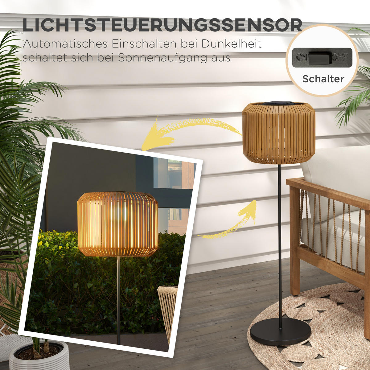 RATTAN Solarlampe, für Garten, Rasen, Stahl, Gelb - Gelb, Kunststoff (34/130/34cm) - Outsunny