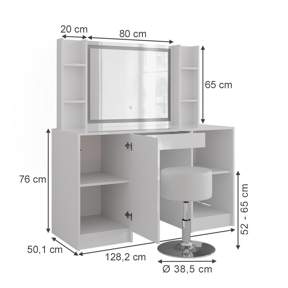 SCHMINKTISCH Sherry Weiß/Weiß Hochglanz 128.2 cm mit LED-Spiegel und Hocker - Weiß Hochglanz, Holzwerkstoff (128.2/76/50.1cm) - Vicco
