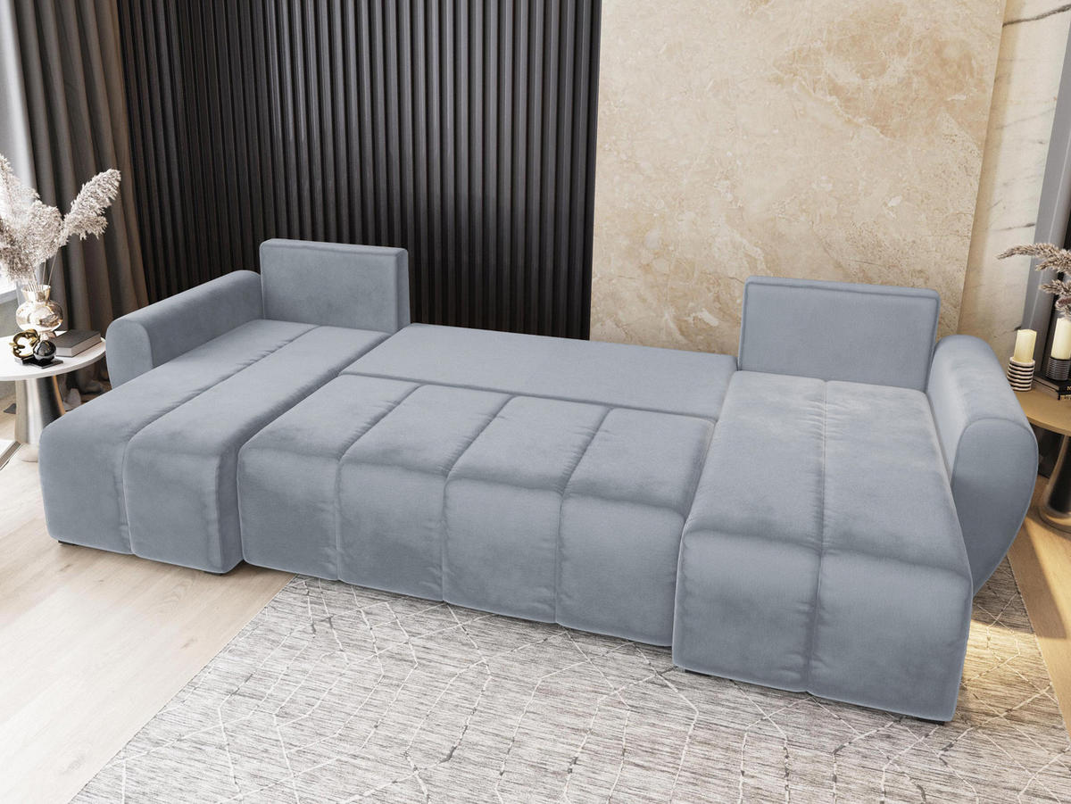 WOHNLANDSCHAFT MADISON U Hellgrau Plüsch-Stoff mit Schlaffunktion - Hellgrau, Holz (311/82/145cm) - MASSENO