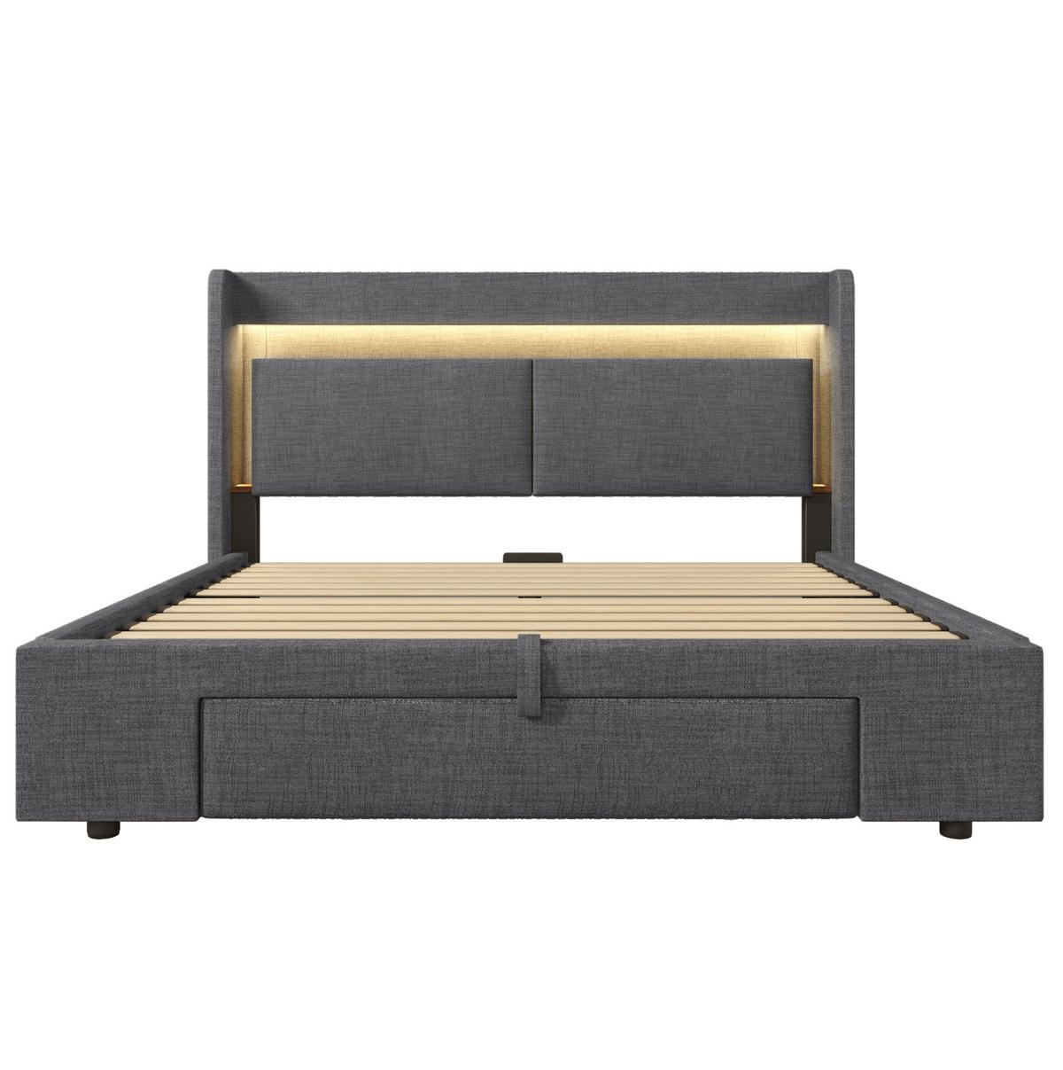 ČALOUNĚNÁ postel 160x200 cm s hydraulickým úložným prostorem, LED osvětlením, USB a USB-C portem, Šedá - šedá, textil (160/200cm) - Redom