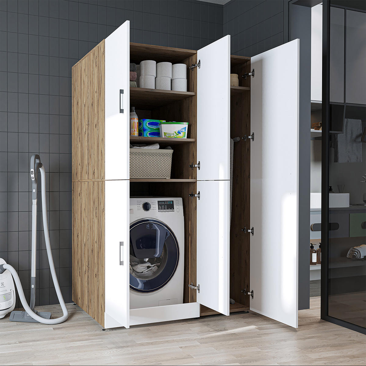 WASCHMASCHINENSCHRANK DORA-II 115cm Breit, 186cm Hoch - Eiche Bianco, Holzwerkstoff (115/186/73.8cm)