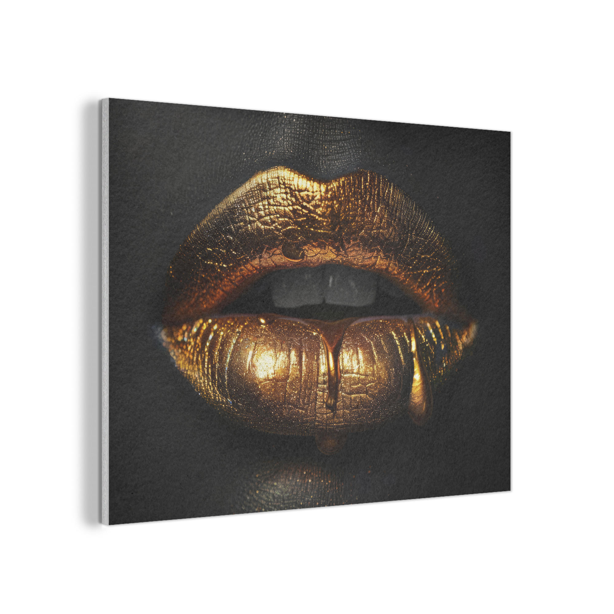 AKUSTIKPANEEL Frau - Porträt - Lippen - Gold - Schwarz 100x70 cm - Schwarz, Textil (100/0.9/70cm) - MuchoWow