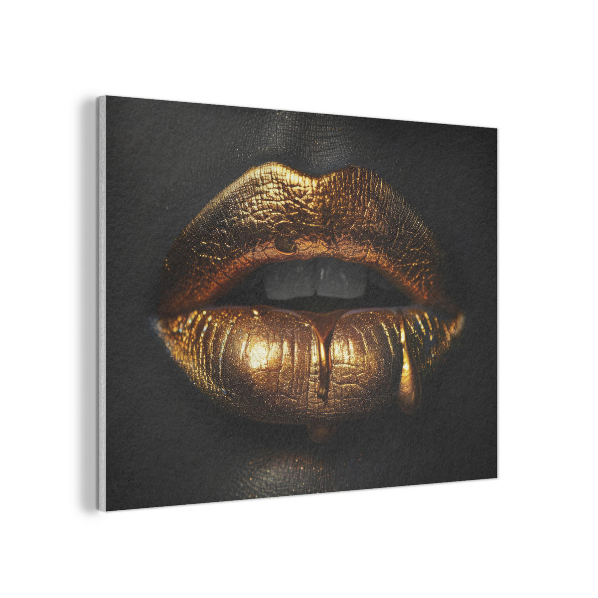 AKUSTIKPANEEL Frau - Porträt - Lippen - Gold - Schwarz 100x70 cm - Schwarz, Textil (100/0.9/70cm) - MuchoWow