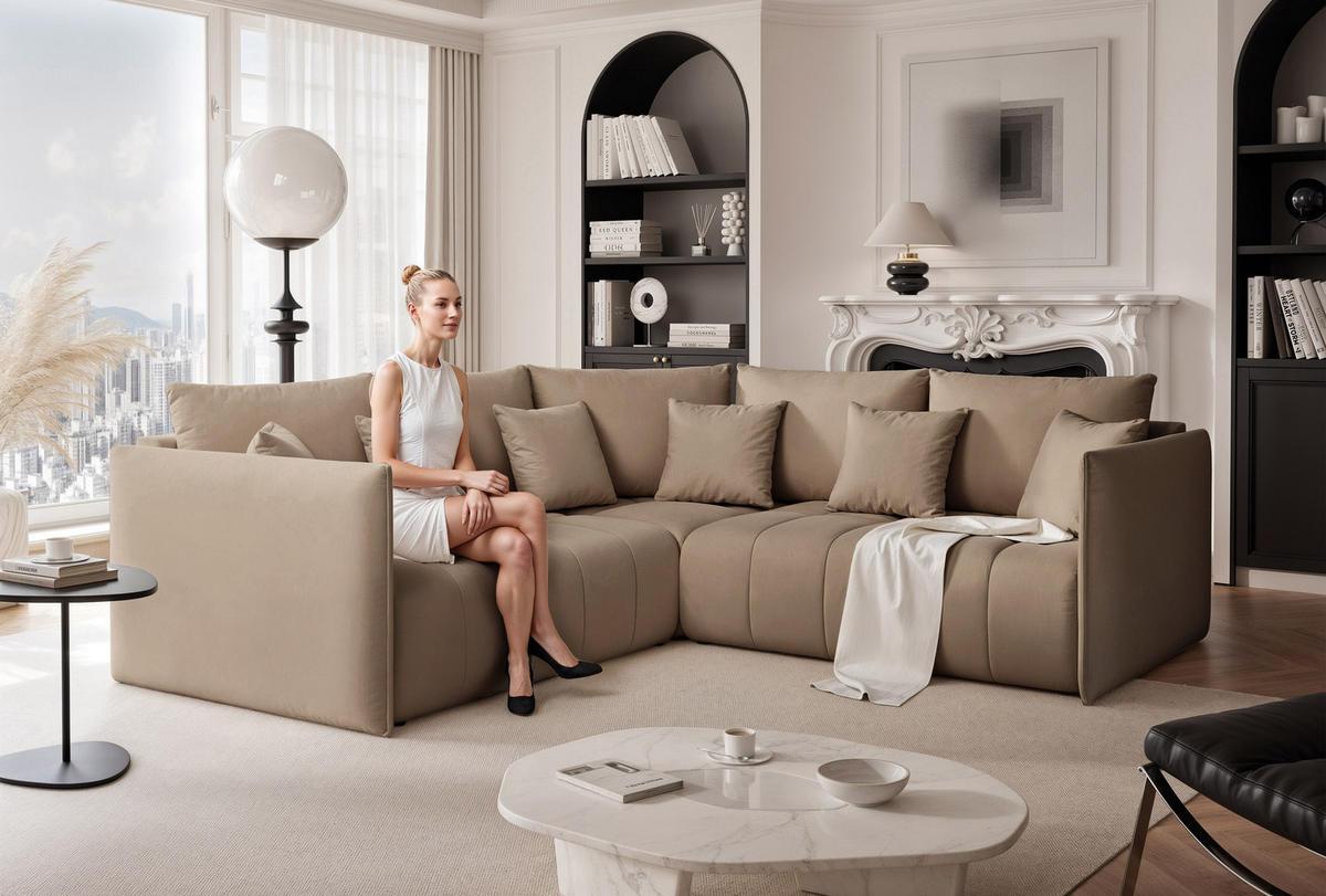 ECKSOFA OLIMPIA mit Schlaffunktion und Bettkasten Beige - Beige, Holzwerkstoff/Kunststoff (235/230cm) - Idohome